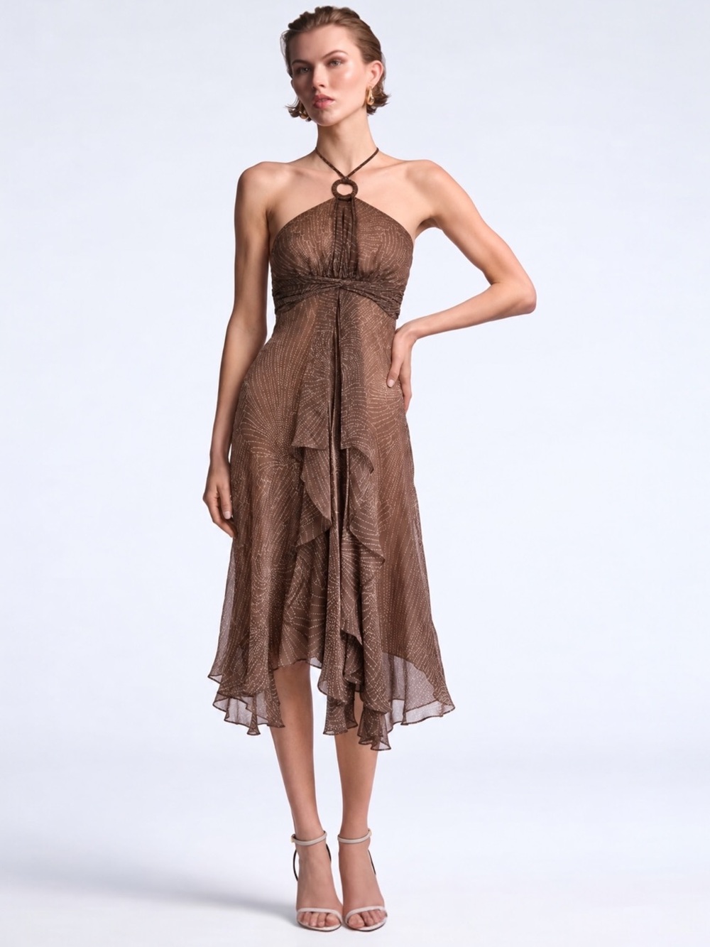 BCBG Max Azria 100% Silk Halter Midi Gown Truffle Ruffle Dress Size 4